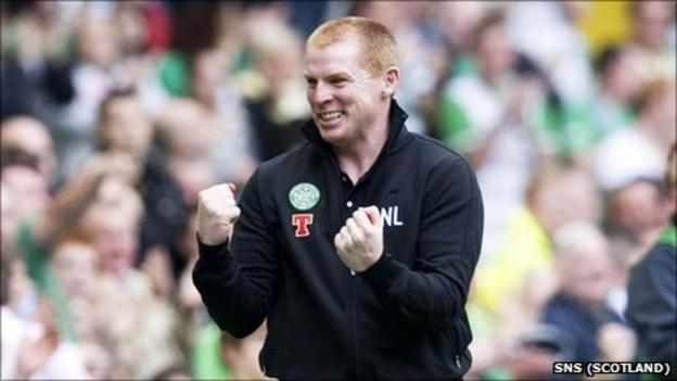 Celtic manager Neil Lennon shows his delight at his team's performance