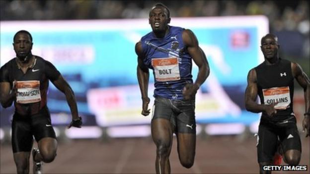 Usain Bolt (centre) wins the 100m in Zagreb