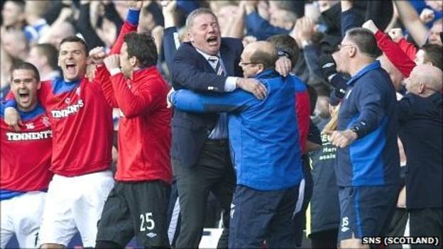 The Rangers bench celebrate the victory over Celtic
