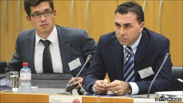 Sion's General-Director Domenicangelo Massimo (r) sits next to the club's lawyer at their Uefa appeal hearing