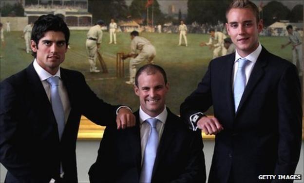 England one-day captain Alastair Cook, Test captain Andrew Strauss and Twenty20 captain Stuart Broad