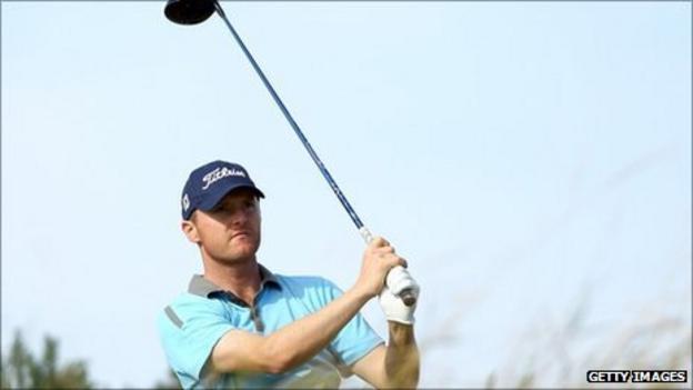 Michael Hoey drives off at the six hole at Kingsbarns on Friday