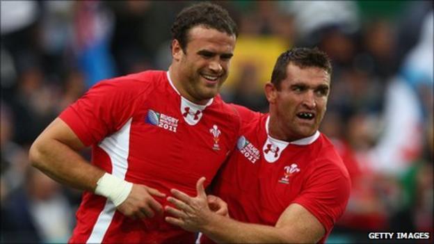 Jamie Roberts and Huw Bennett celebrate the centre's try