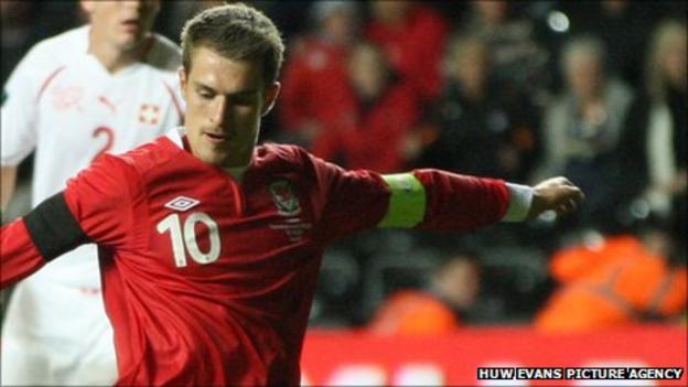 Aaron Ramsey opens the scoring for Wales against Switzerland