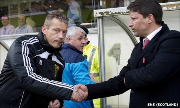 Iain Brines shakes Paulo Sergio's hand before Hearts' match against Dunfermline