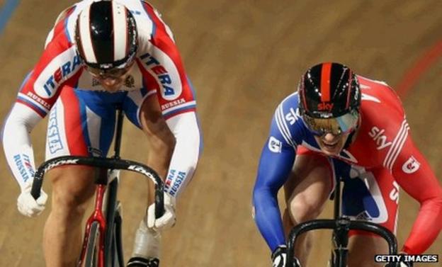 Russia's Denis Dmitriev races Britain's Jason Kenny for the men's sprint European bronze medal