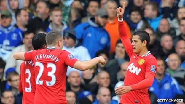 Javier Hernandez (right) celebrates his goal with teammates Patrice Evra and Tom Cleverley