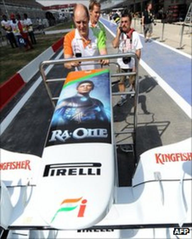 The Force India front wing is adorned with a poster of Indian Bollywood star Shah Rukh Khan
