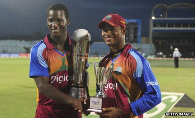 West Indies captain Darren Sammy and batsman Marlon Samuels with the one-day series trophy