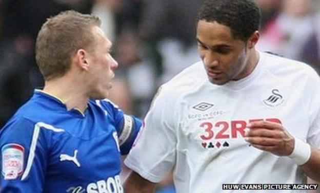 Craig Bellamy with Wales team-mate Ashley Williams during a Cardiff-Swansea game