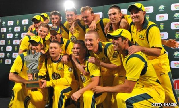 Australia celebrate with the one-day series trophy
