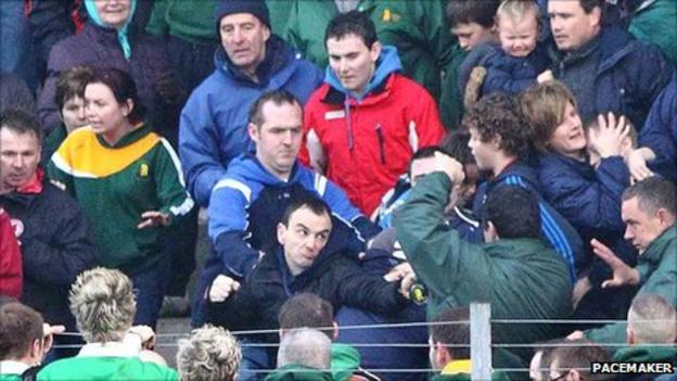 Trouble flares in the stands during the Tyrone football league final