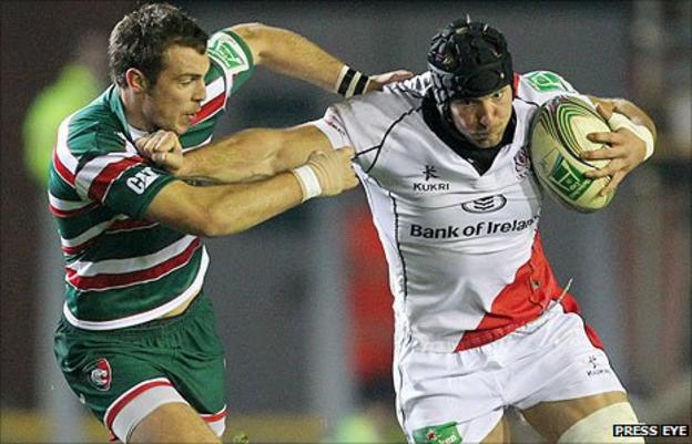 Leicester's Andy Forsyth challenges Ulster forward Stephen Ferris