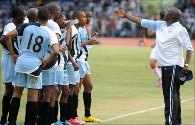Botswana coach Stanley Tshosane instructs his players
