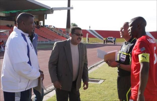 NFA official Barry Rukoro (left), Caf's match commissioner, referee Jerome Damon and the captain of Namibia
