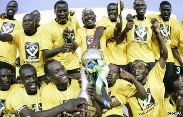 Uganda celebrate with the Cecafa trophy
