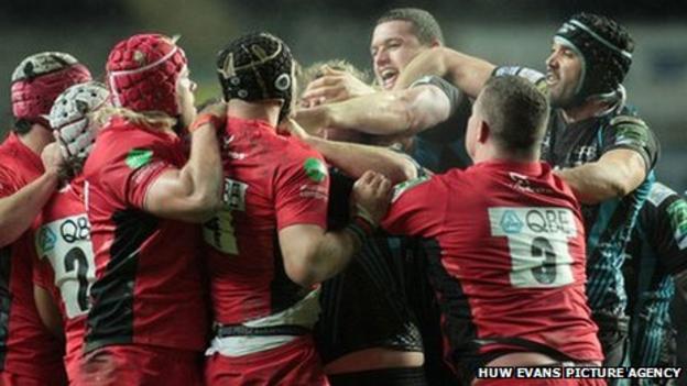 Tempers flare between the Saracens and Ospreys players