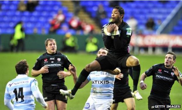 London Irish's Delon Armitage outjumps Racing's Sebastien Chabal
