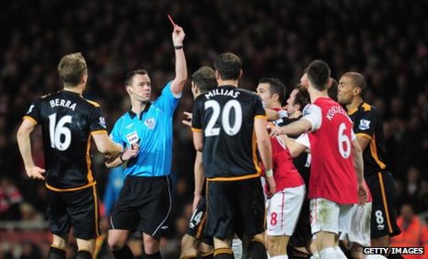 Wolves midfielder Nenad Milijas is sent off during the 1-1 draw with Arsenal