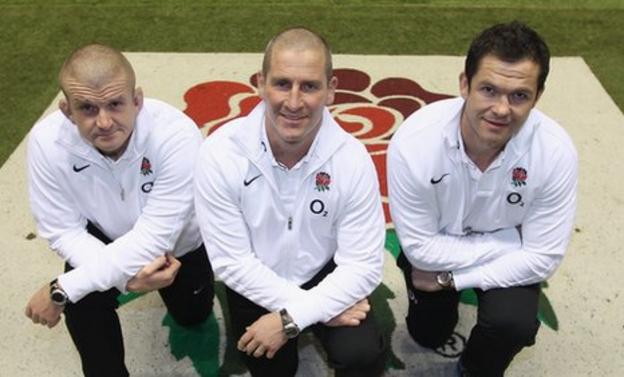 Graham Rowntree (left), Stuart Lancaster and Andy Farrell (right)