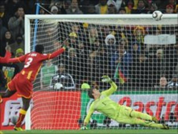Asamoah Gyan hits the bar in the World Cup quarter-final against Uruguay