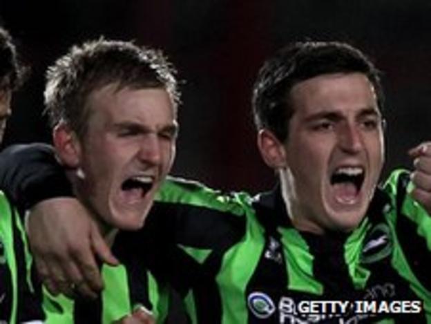 Torbjorn Agdestein and Lewis Dunk celebrate Brighton's penalty victory over Wrexham in the FA Cup