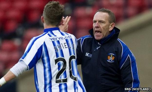 Kenny Shiels salutes his son, Dean, after the match-winning goal