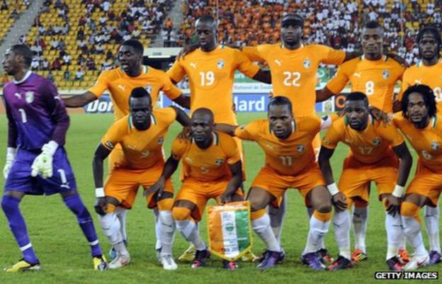 The Ivory Coast team line up ahead of their game against Burkina Faso team