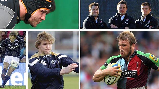 Clockwise from top left: Scotland prop Euan Murray, England debutants Brad Barritt, Phil Dowson and Owen Farrell, England captain Chris Robshaw in action for club side Harlequins, Scotland number eight David Denton and Scotland fly-half Dan Parks