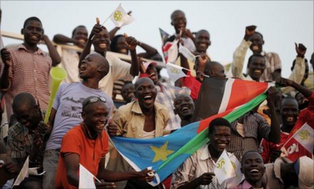 South Sudanese fans cheer their national team's first match in a friendly against Kenya side Tusker to celebrate independence last July