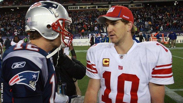 Tom Brady (left) of the New England Patriots and Eli Manning of the New York Giants