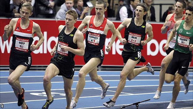 Ciaran O'Lionaird on his way to winning the mile race at the Boston Grand Prix indoor meeting