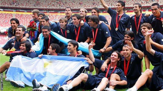 The Argentina team celebrating their Beijing 2008 gold success