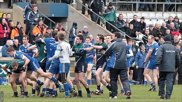 Players got involved in a mass brawl just before half-time at Clones