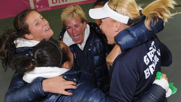 Britain's Fed Cup team celebrate victory in Israel
