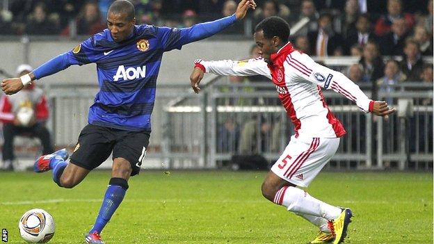 Ashley Young celebrates scoring Manchester United's first goal against Ajax