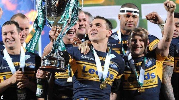 Leeds captain Kevin Sinfield lifts the World Club Challenge trophy