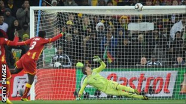 Asamoah Gyan hits the bar against Uruguay in the 2010 World Cup