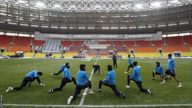 Real Madrid players attend a training session before their Champions League last 16 first- leg match against CSKA Moscow at the Luzhniki stadium in Moscow