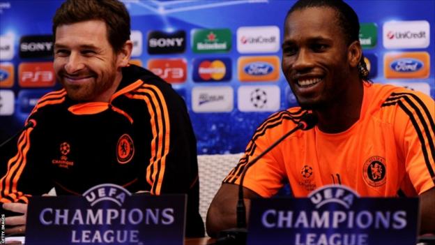 Striker Didier Drogba (right) and Andre Villas-Boas (left) the Chelsea manager speak during a press conference ahead of their last 16 UEFA Champions League match first-leg match against Napoli