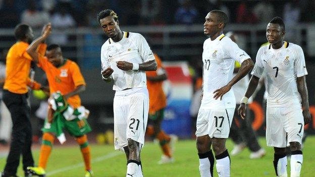 Ghana players show their disappointment after losing the Nations Cup semi final to Zambia