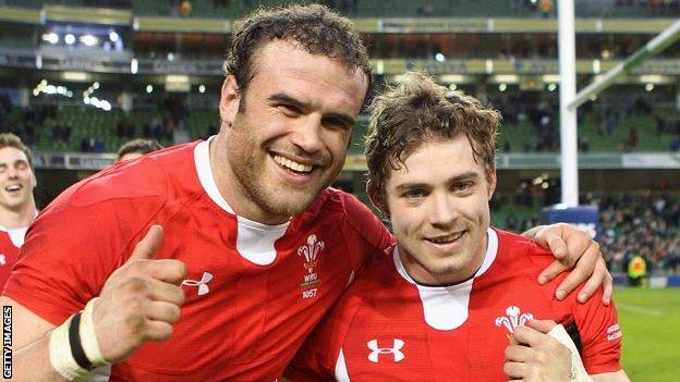 Leigh Halfpenny (right) with Jamie Roberts celebrating the win over Ireland