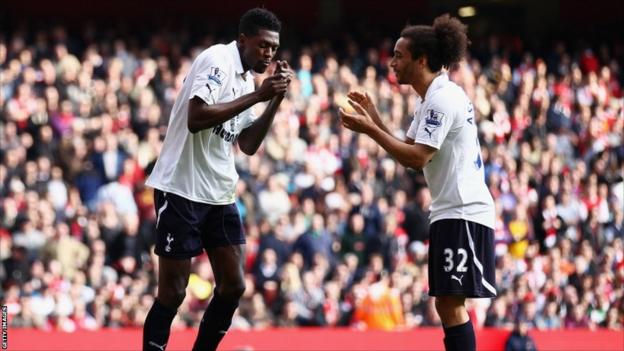 Emmanuel Adebayor (left) of Tottenham Hotspur celebrates his penalty with Benoit Assou-Ekotto