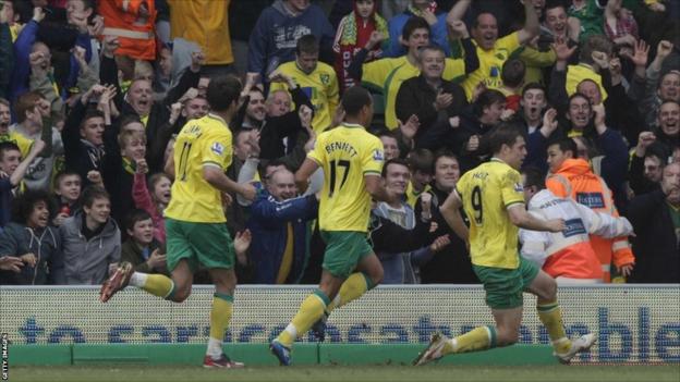 Norwich City's Grant Holt (right) celebrates with team-mates after scoring against Manchester United