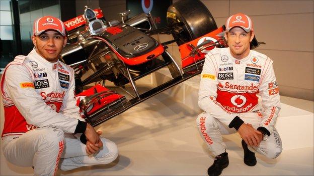 Team McLaren Mercedes drivers Lewis Hamilton (left) and Jenson Button unveil the new MP-27 Formula 1 car