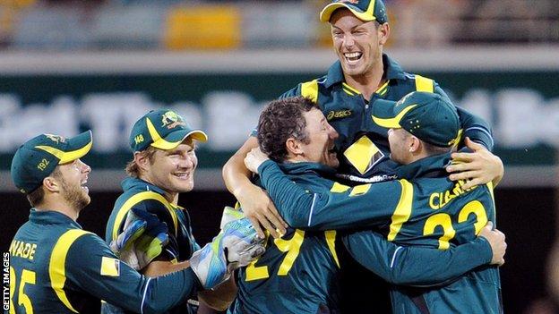 The Australian team celebrate victory over Sri Lanka