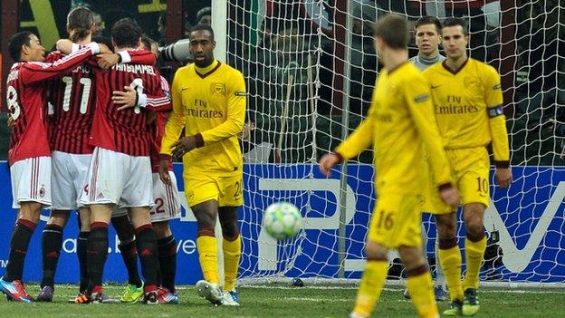 AC Milan beat Arsenal 4-0 in the first leg of their last 16 tie