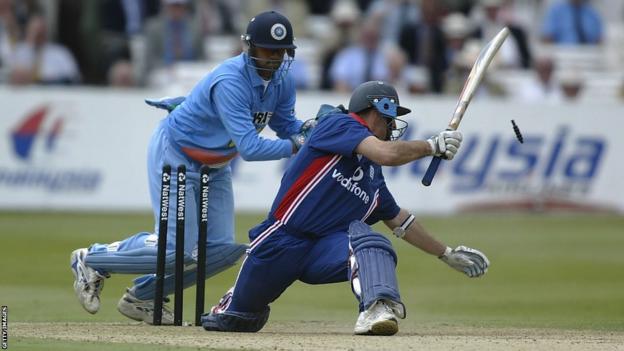 England captain Nasser Hussain overbalances and is stumped by Rahul Dravid