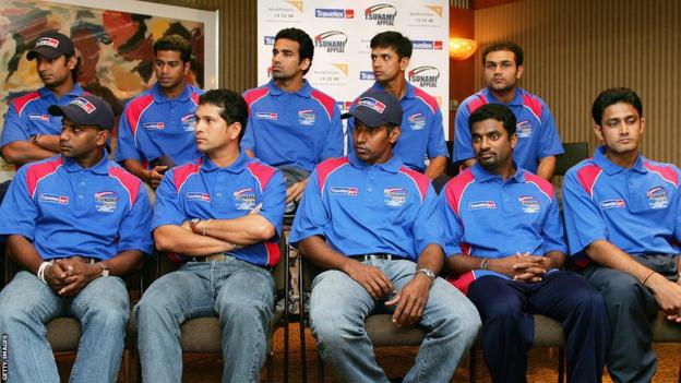 Back row (left to right): Kumar Sangakkara, Alok Kapali, Zaheer Khan, Rahul Dravid, Virender Sehwag. Front row (left to right): Sanath Jayasuriya, Sachin Tendulkar, Chaminda Vaas, Muttiah Muralitharan, Anil Kumble