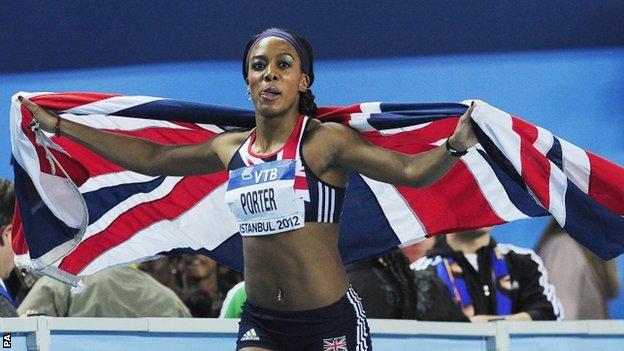Great Britain's Tiffany Porter celebrates her second place in the Women's 60m Hurdle Final during the IAAF World Indoor Championships